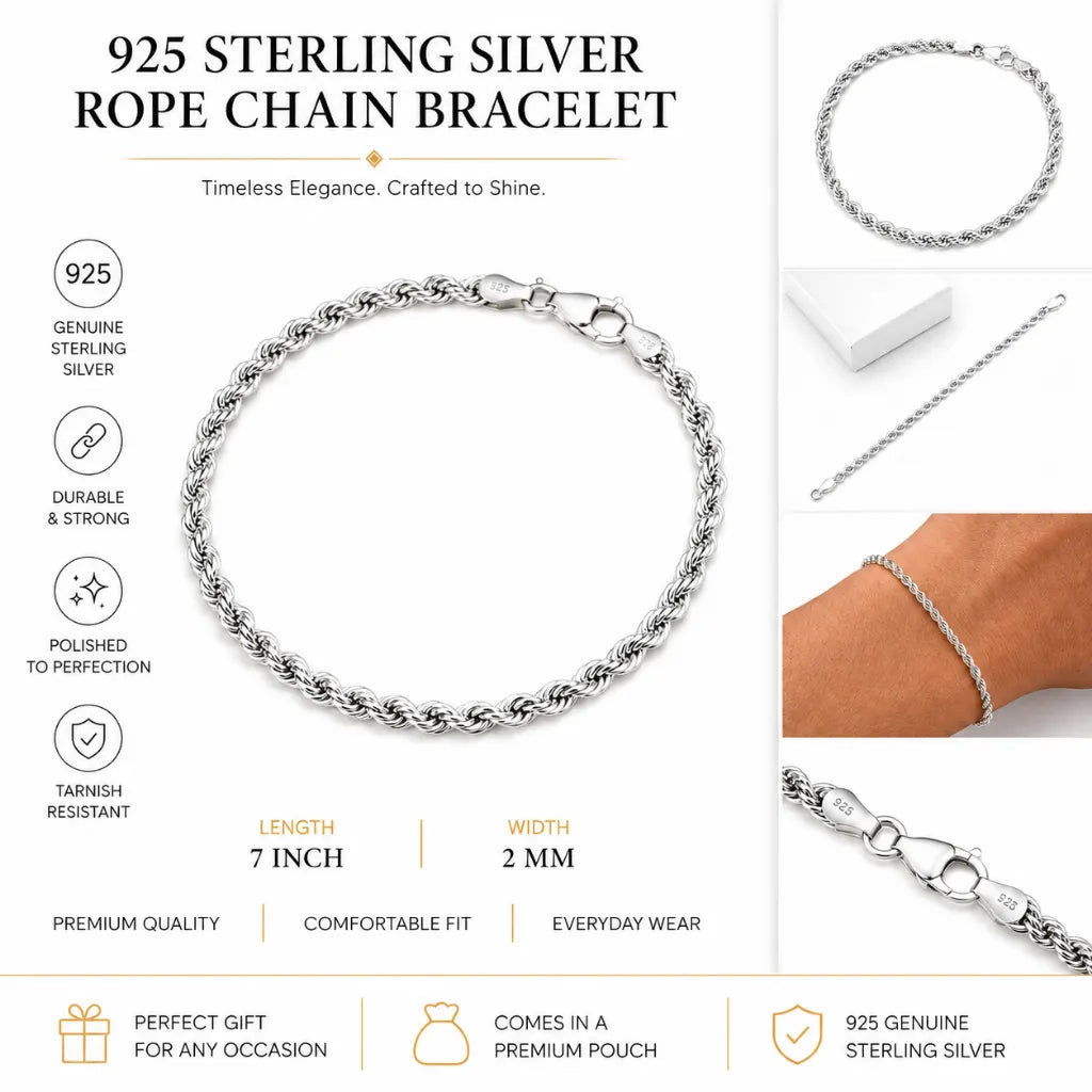 2mm 925 sterling silver rope chain bracelet, 7 inch, tarnish resistant, perfect gift for men and women