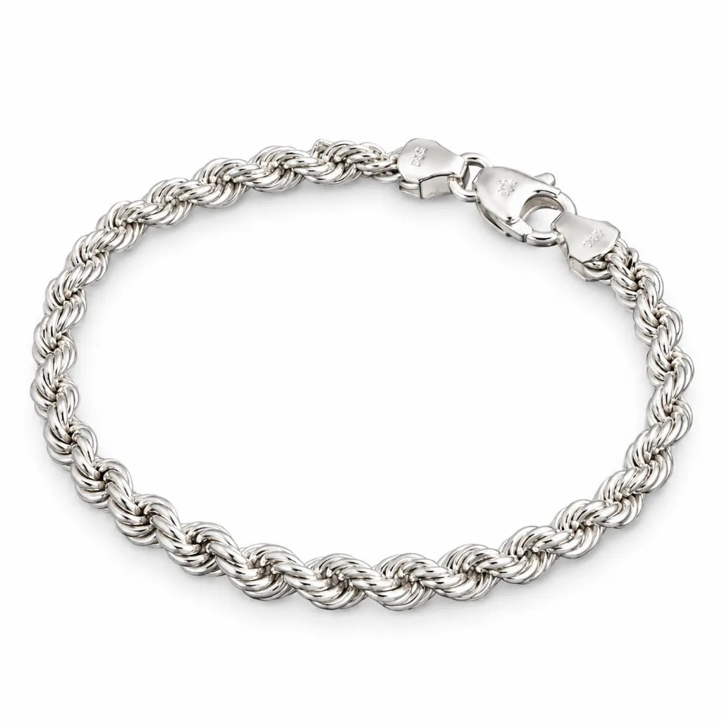 7 inch unisex 925 sterling silver rope chain bracelet, polished finish and secure clasp