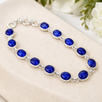 925 silver blue oval gemstone bracelet with polished sterling silver links