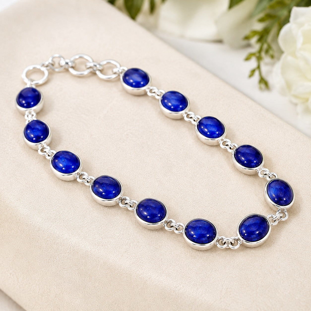 925 silver blue oval gemstone bracelet with polished sterling silver links