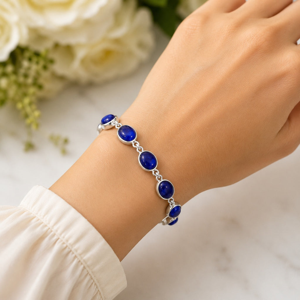 925 sterling silver blue gemstone link bracelet for women with deep blue oval stones