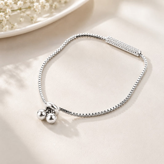 925 sterling silver bracelet for women with sparkling bar and polished ball charms