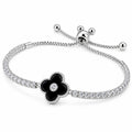 Side view of 925 sterling silver clover bracelet with black onyx center and sparkling cubic zirconia stones