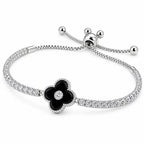 Side view of 925 sterling silver clover bracelet with black onyx center and sparkling cubic zirconia stones