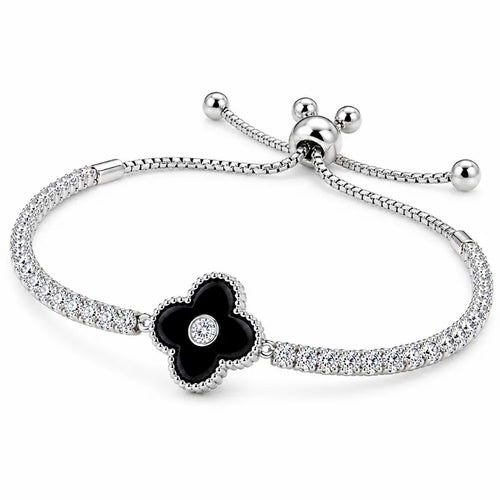 Side view of 925 sterling silver clover bracelet with black onyx center and sparkling cubic zirconia stones
