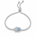 925 sterling silver evil eye bracelet with sparkling hamsa hand charm and slider closure, front view