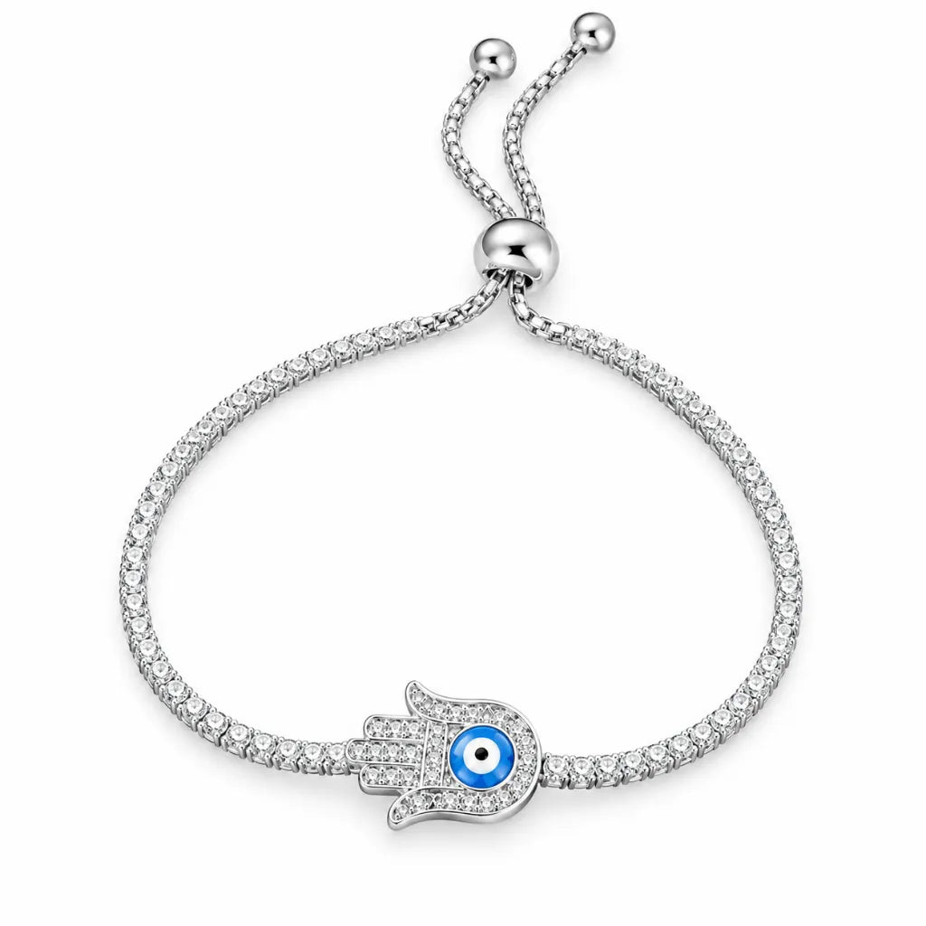 925 sterling silver evil eye bracelet with sparkling hamsa hand charm and slider closure, front view
