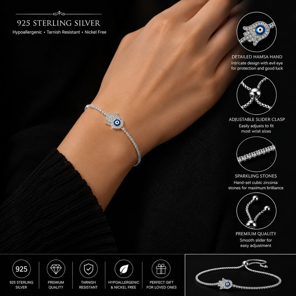 925 sterling silver Hamsa evil eye bracelet with CZ stones worn on wrist
