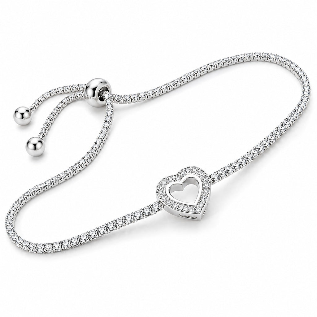 925 Sterling Silver Heart Tennis Bracelet with AAA+ cubic zirconia stones and adjustable slider clasp for women.