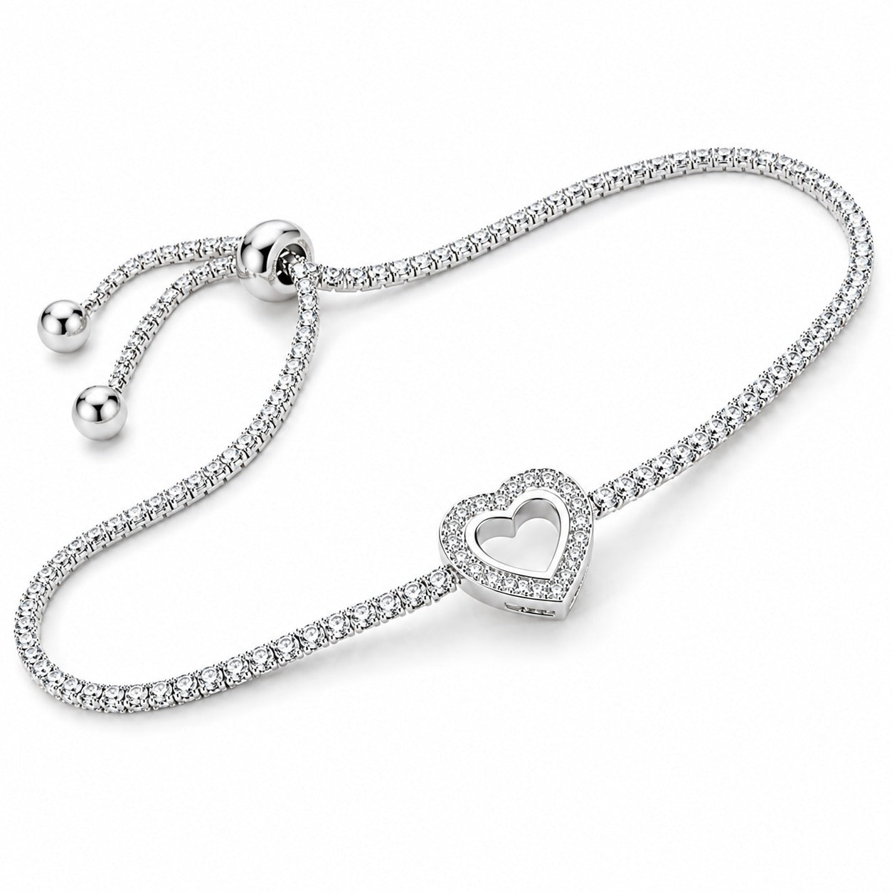 925 Sterling Silver Heart Tennis Bracelet with AAA+ cubic zirconia stones and adjustable slider clasp for women.