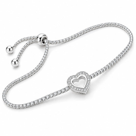 925 Sterling Silver Heart Tennis Bracelet with AAA+ cubic zirconia stones and adjustable slider clasp for women.