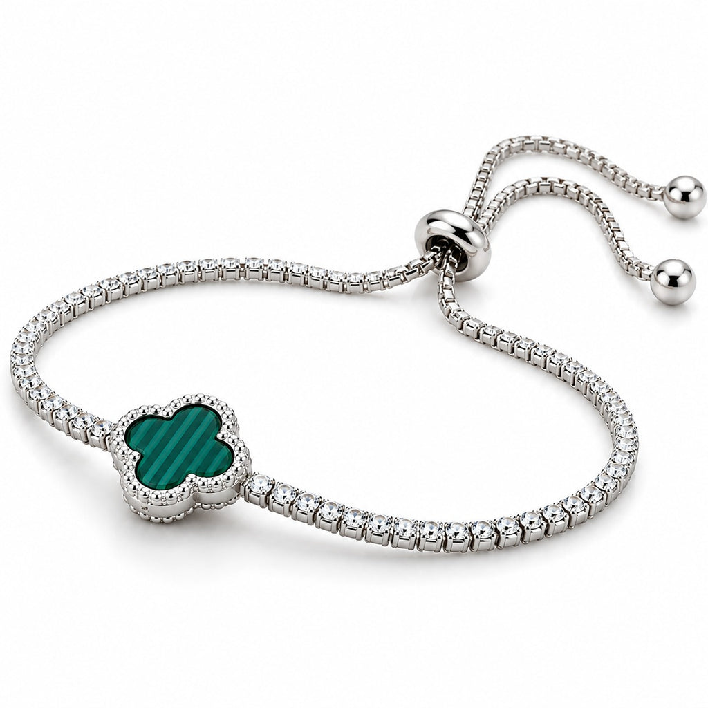 925 sterling silver clover charm bracelet with green malachite stone and Austrian zircon, adjustable women's tennis bracelet.