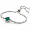 925 sterling silver clover charm bracelet with green malachite stone and Austrian zircon, adjustable women's tennis bracelet.
