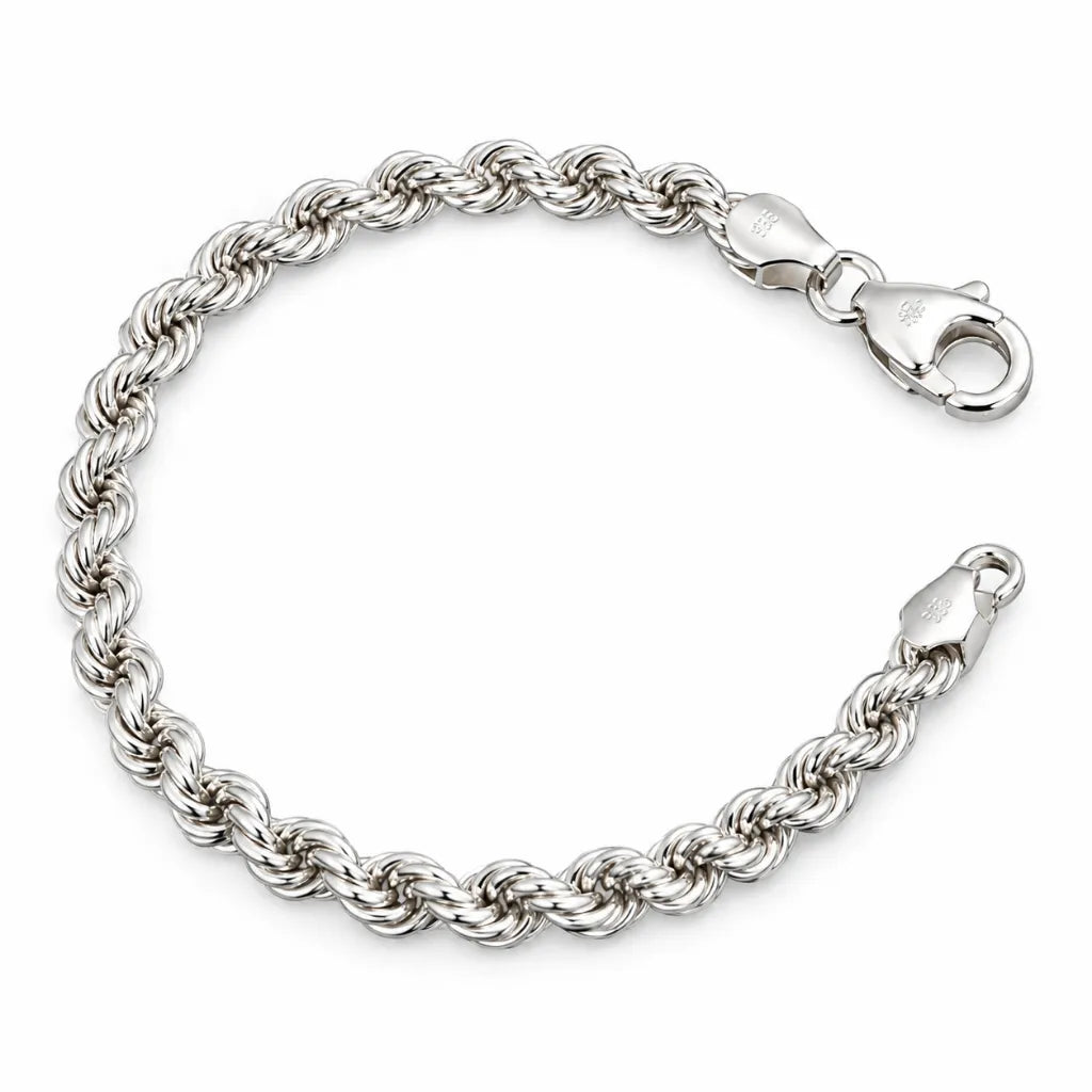 925 sterling silver rope chain bracelet with lobster clasp and 925 stamp, top view