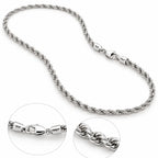 Full length sterling silver rope chain necklace with close-up of clasp and twisted links