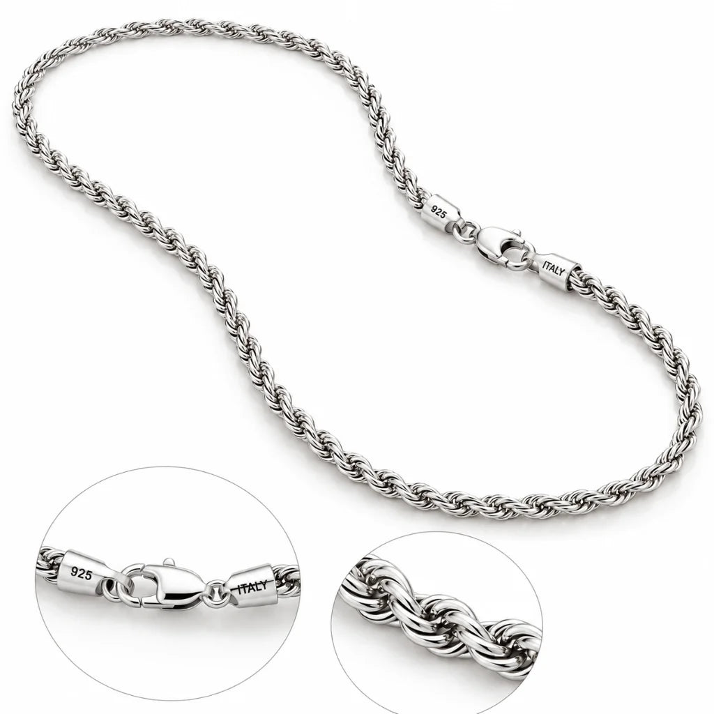 Full length sterling silver rope chain necklace with close-up of clasp and twisted links