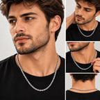 Men's silver rope chain necklace worn in four different styling angles