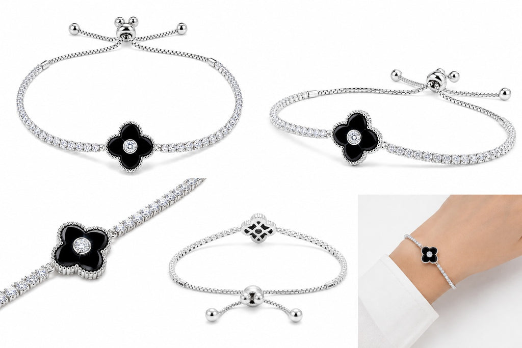 Four views of a silver-toned chain bracelet featuring a black enamel flower with a clear central stone, shown on a white background with one view depicting the bracelet worn on a wrist.