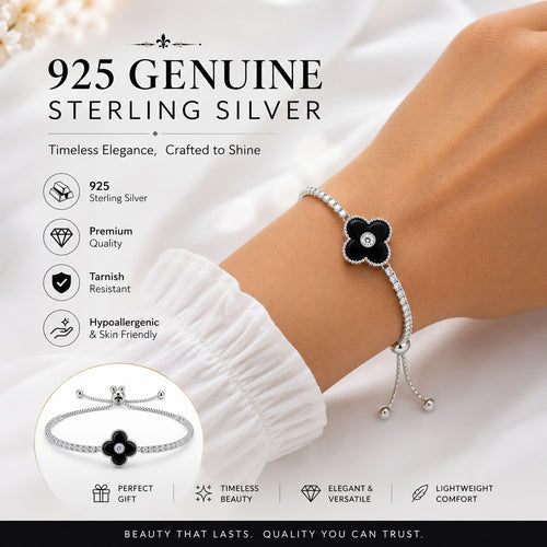 A sterling silver bracelet with a black flower charm and clear stones, shown worn on a person's wrist. The image includes marketing text reading '925 GENUINE STERLING SILVER' and feature icons on the left, with a small inset showing the bracelet alone.