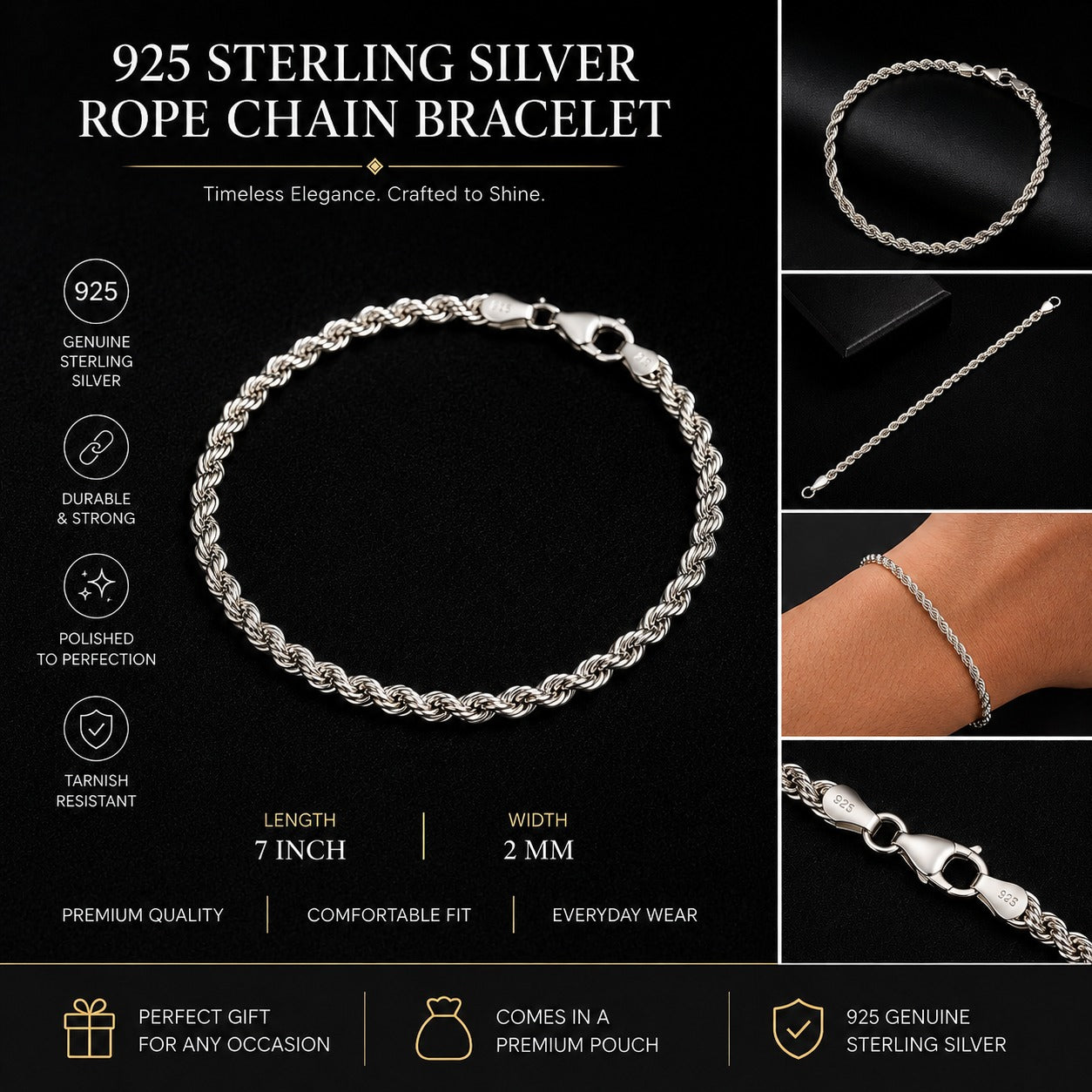 A silver rope chain bracelet displayed on a black background with multiple inset views, including a bracelet on a wrist, close-ups of the clasp and chain, and marketing text stating 925 sterling silver, 7 inch length, and 2 mm width.