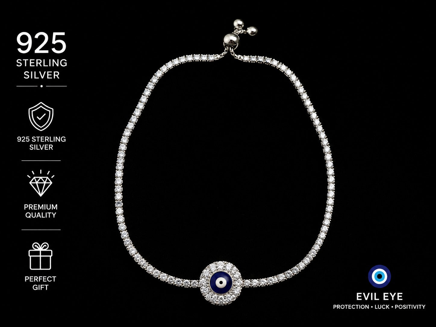 925 Sterling Silver Evil Eye Hamsa Bracelet – CZ Tennis Bracelet for Women