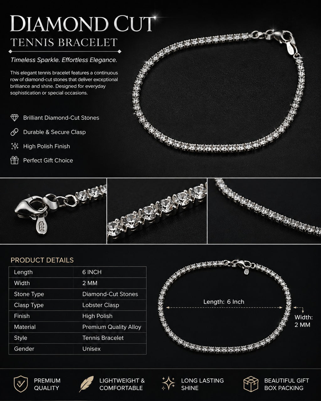 6" 2mm Diamond-Cut Tennis Bracelet – Sparkling Silver Rhinestone Bracelet for Women