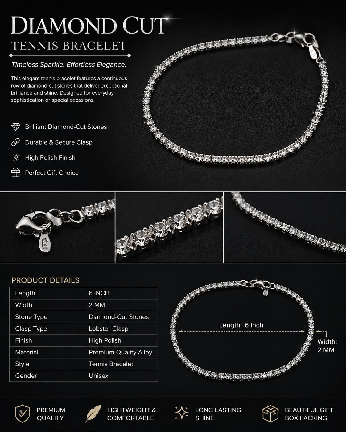 6" 2mm Diamond-Cut Tennis Bracelet – Sparkling Silver Rhinestone Bracelet for Women
