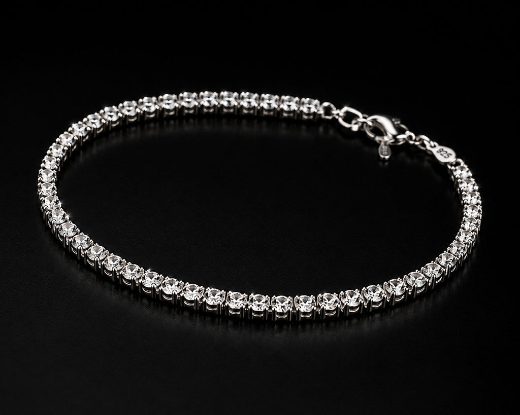 6" 2mm Diamond-Cut Tennis Bracelet – Sparkling Silver Rhinestone Bracelet for Women