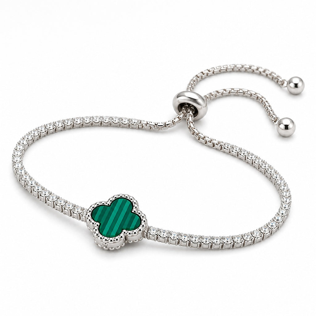 Adjustable 925 sterling silver bracelet with green clover charm, premium zircon tennis chain design.