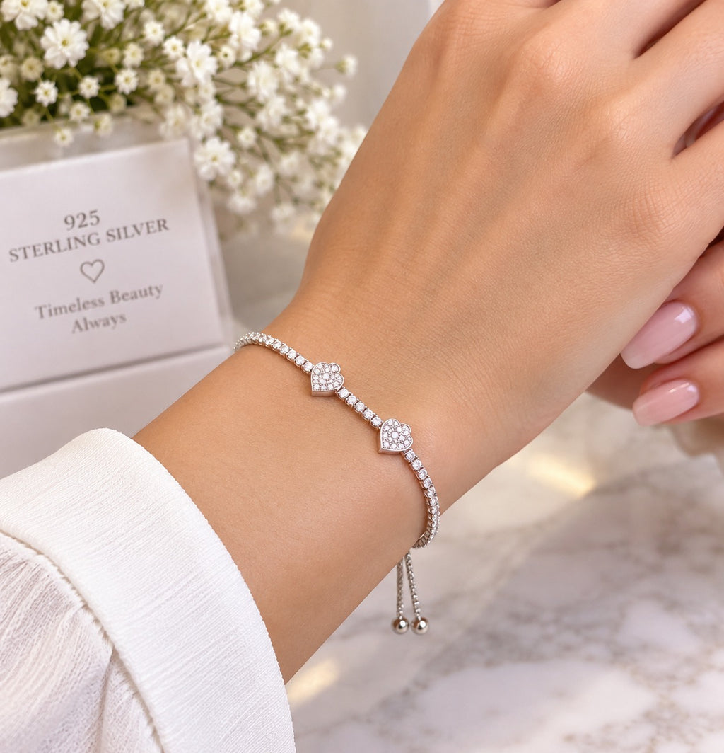 Adjustable 925 sterling silver crystal heart bracelet for women's jewelry gift