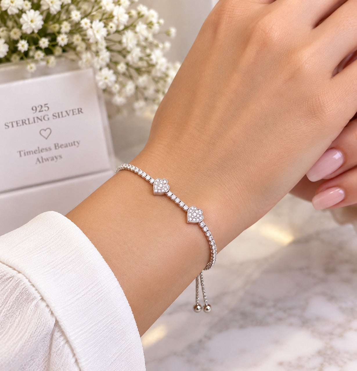Adjustable 925 sterling silver crystal heart bracelet for women's jewelry gift