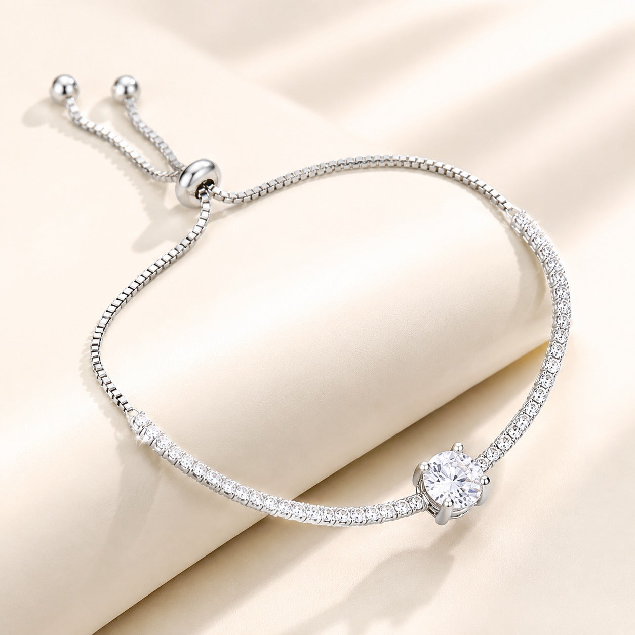 Adjustable sterling silver bolo bracelet for women with sparkling cubic zirconia stones