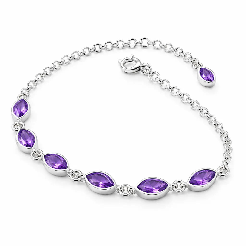 Adjustable purple marquise bracelet in sterling silver with bezel-set stones and extender chain with marquise drop