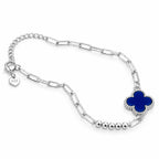 Adjustable silver clover bracelet with blue charm, paperclip links, heart-shaped 925 tag and extender chain, side view