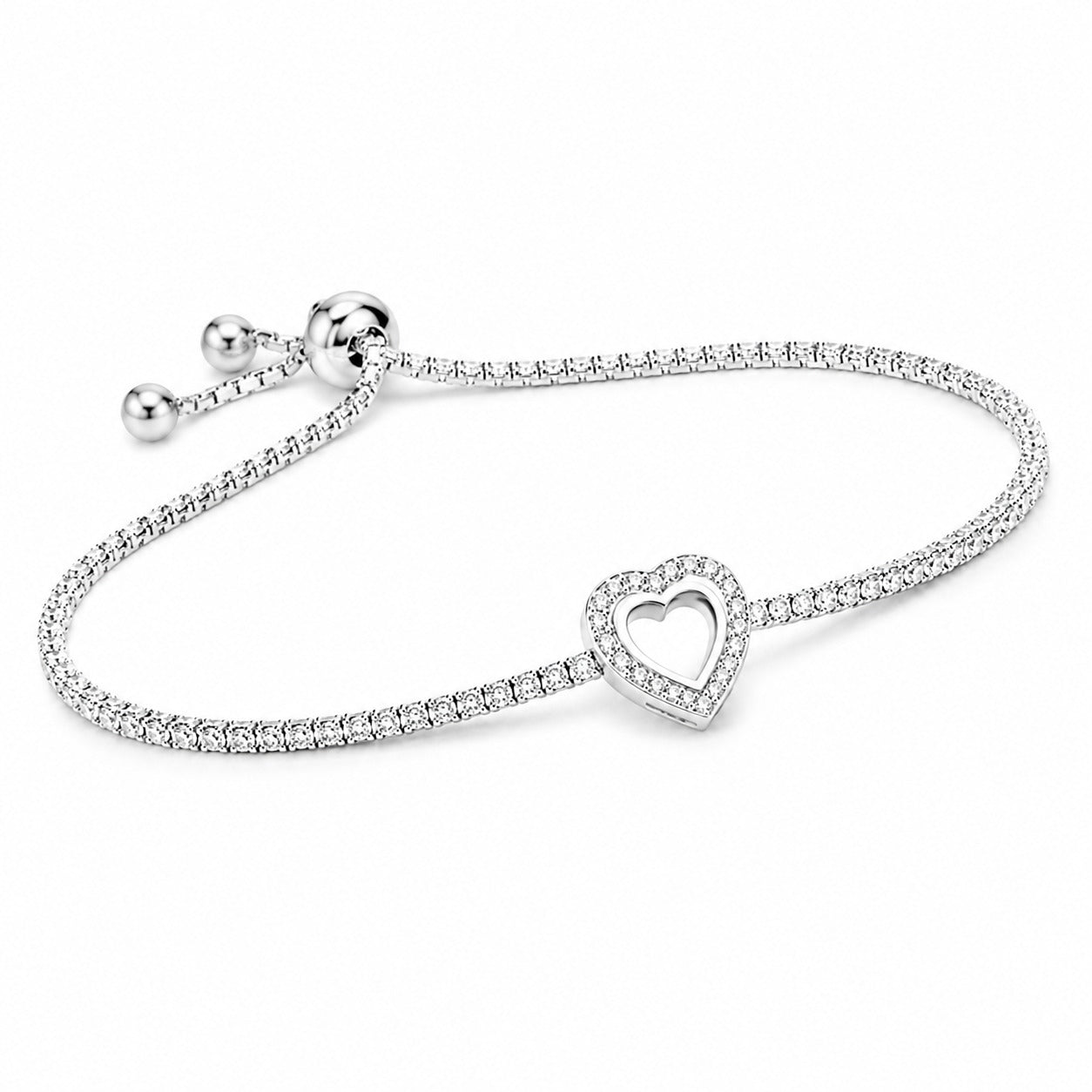 Adjustable slider clasp on 925 sterling silver heart tennis bracelet for a comfortable custom fit.