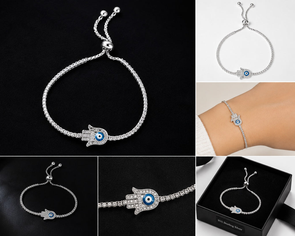 Adjustable sterling silver Hamsa evil eye tennis bracelet for women