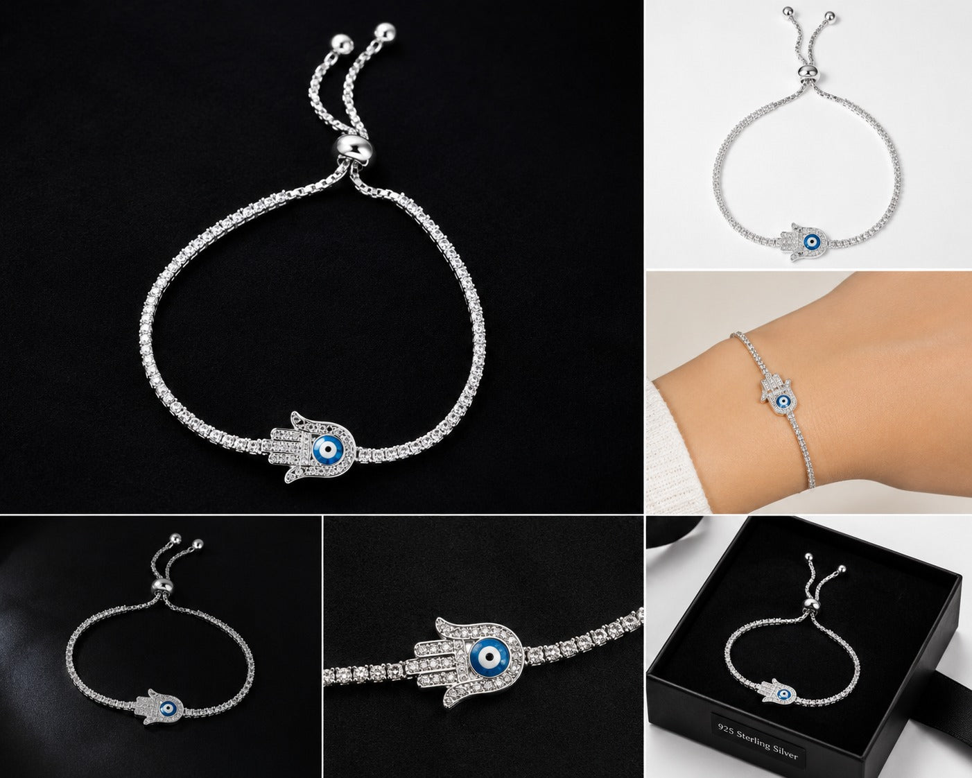 Adjustable sterling silver Hamsa evil eye tennis bracelet for women