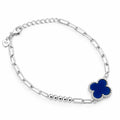 Beaded paperclip chain silver bracelet with blue lucky clover charm and secure lobster clasp, top view