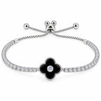 Black onyx four-leaf clover tennis bracelet in 925 sterling silver with adjustable slider clasp and cubic zirconia