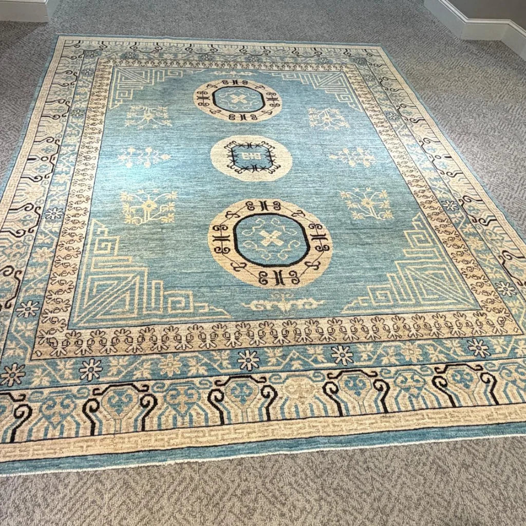 Hand-knotted Khotan style rug in blue and beige traditional design