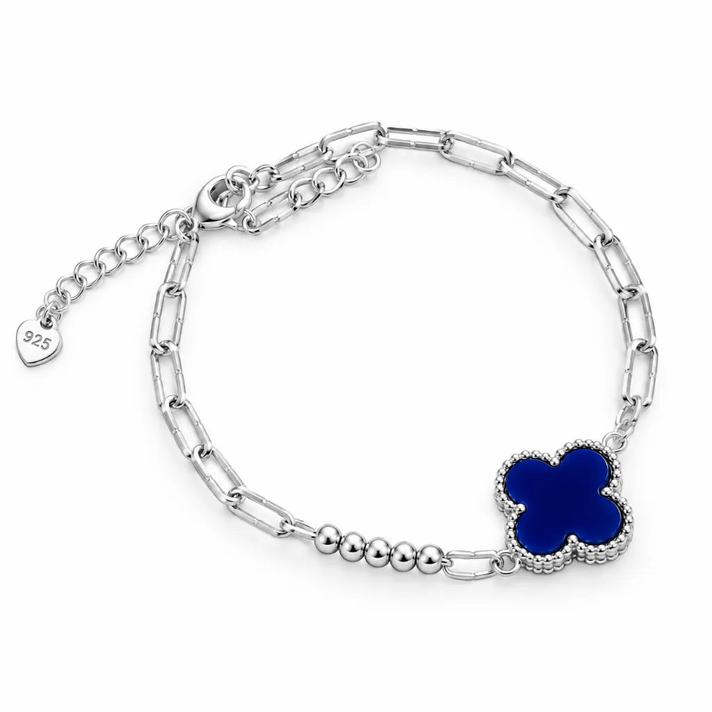 925 sterling silver paperclip chain bracelet with blue four-leaf clover charm, silver beads and lobster clasp with extender