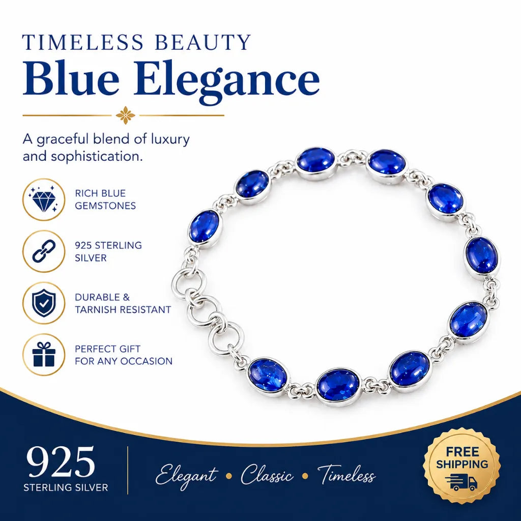 Blue gemstone 925 sterling silver link bracelet, tarnish resistant, elegant gift for her with free shipping
