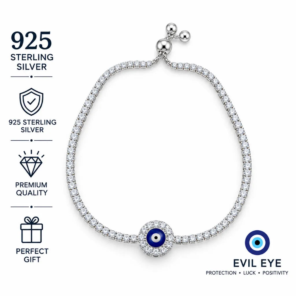 925 sterling silver blue evil eye protection bracelet with cubic zirconia halo, perfect gift for her