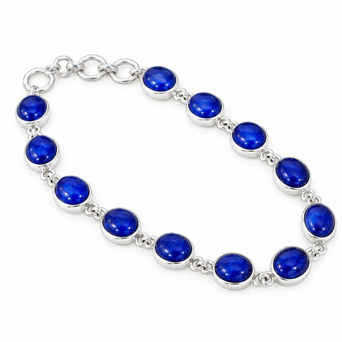 925 sterling silver blue gemstone bracelet with twelve oval cabochon stones and adjustable ring chain closure