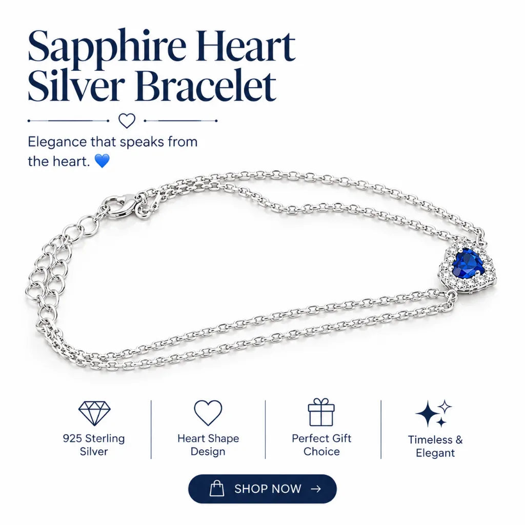 Sapphire heart silver bracelet in 925 sterling silver with blue stone and CZ halo, timeless perfect gift for her
