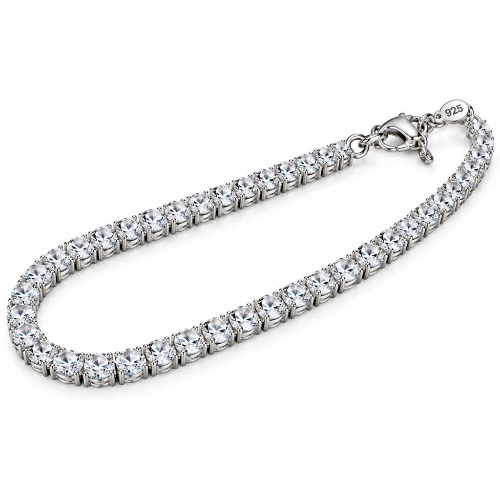 Silver cubic zirconia tennis bracelet with round diamond-cut stones, lobster clasp and 925 stamp tag, 6 inch length