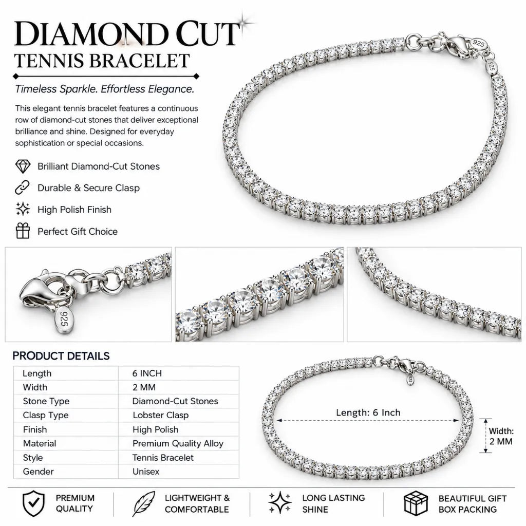 Diamond cut tennis bracelet, 6 inch length and 2mm width, with lobster clasp, perfect gift for her or him