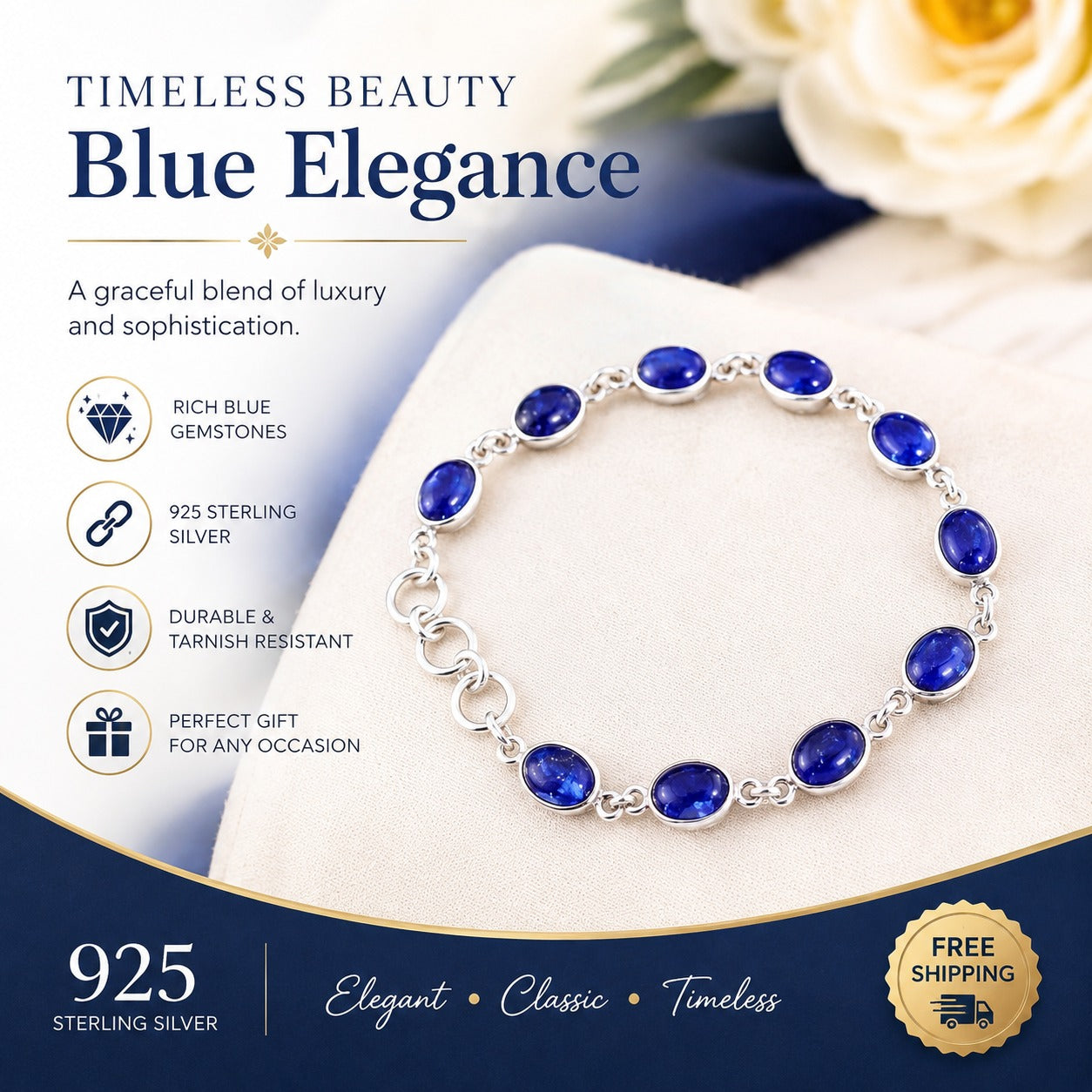 Elegant blue gemstone link bracelet in 925 sterling silver for women