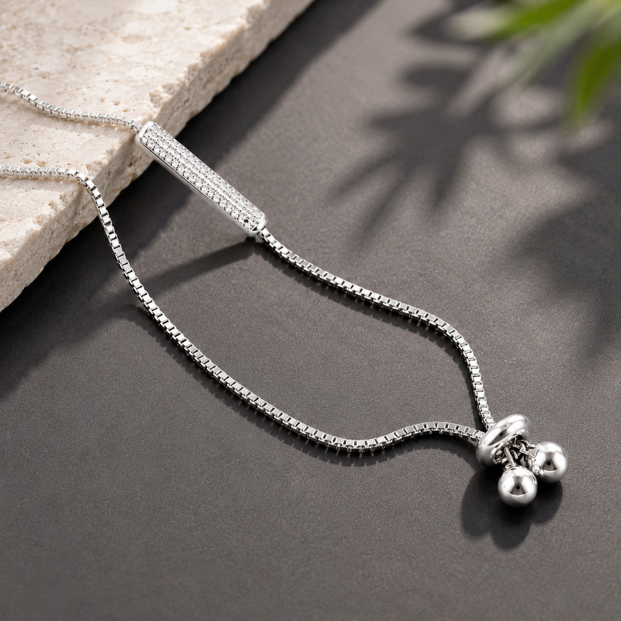 Elegant sterling silver chain bracelet for women with delicate sparkling bar detail