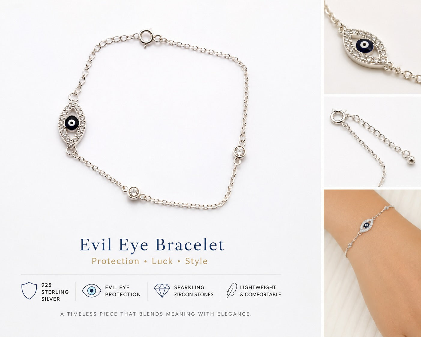 A woman wearing a 925 sterling silver evil eye bracelet with sparkling zircon stones
